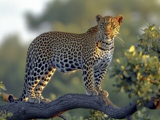 Fototapeta premium Leopard (Panthera pardus) in natural environment on a tree in Africa, AI generated
