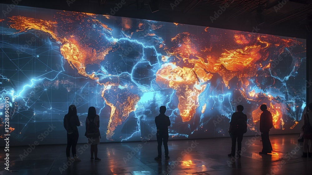 Poster silhouettes of people standing in front of a glowing world map. conceptual visualisation of global n