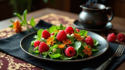 A delightful salad of fresh raspberries and vibrant greens, adorned with edible flowers, served on a dark plate with a steaming beverage nearby
