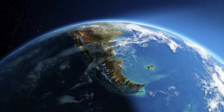 Highly detailed Earth with atmosphere, exaggerated relief and light-flooded cities. Transition from night to day. South America. Tierra del Fuego. 3D rendering. Elements of this image furnished by NASA
