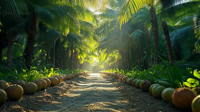 Lush tropical pathway lined with melons under vibrant palm trees
