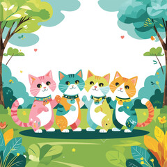 Four adorable cats strolling through a vibrant summer park.