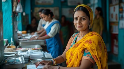 Indian woman smiling, working, village shop, women colleagues