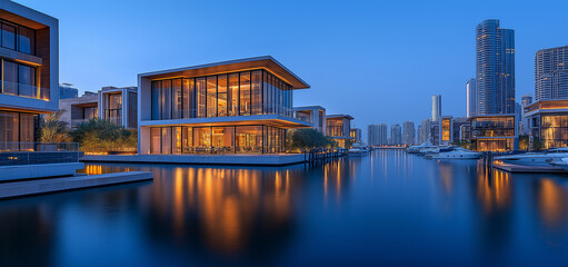 Obraz premium Panoramic photograph of a modern building in an urban marina