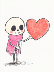 Skeleton with Heart-Themed Scarf Holding Glowing Red Heart: Dark Love Reaper Valentine Illustration T-Shirt Designs