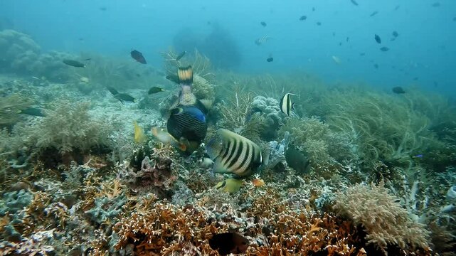 A Titan Triggerfish preparing and breaking coral for her nesting area while surrounded by colourful reef fish feeding on anything uncovered by the triggerfish