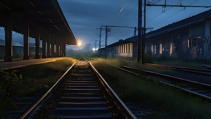 Fototapeta premium Deserted train station captured in twilight, AI generated