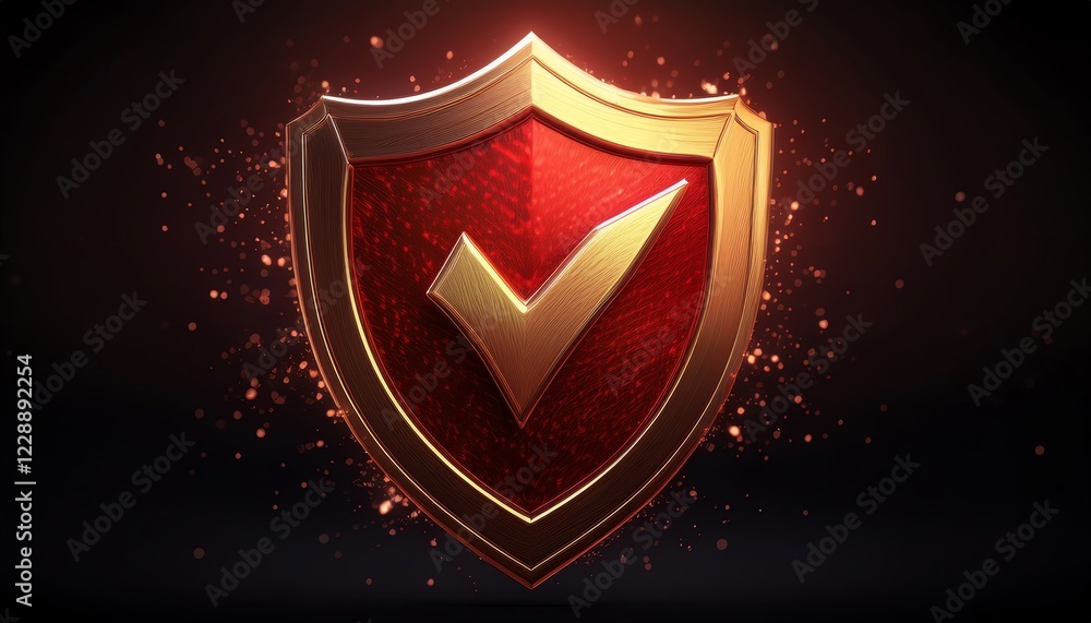 Poster a shiny gold and red shield emblem with a checkmark, symbolizing security and trust, set against a d