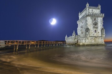 Torre de Belem, Belem Tower or Tower of St Vincent at night, Belem district, Lisbon, Portugal,...