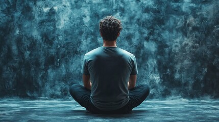 A man sits in a contemplative pose in front of a textured blue background, radiating serenity. The image invites viewers to reflect on their own inner peace. 