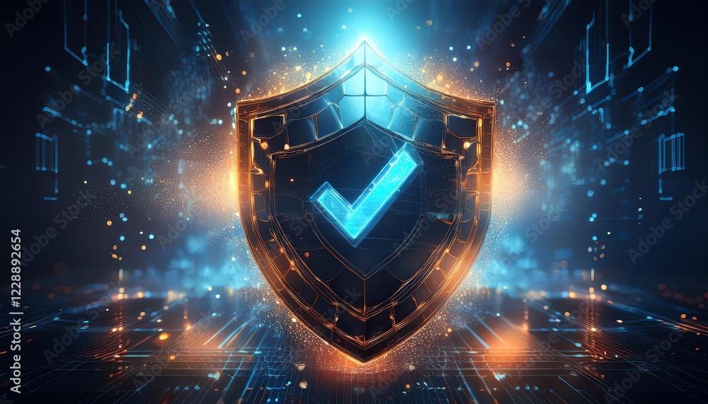 Poster a glowing shield with a blue checkmark symbolizes security and protection in a digital landscape fil