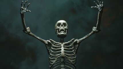 Fototapeta premium Skeleton Reaches for the Sky: A skeletal figure with a haunting smile and outstretched arms emerges from the mist, its bony form reaching towards the unknown.