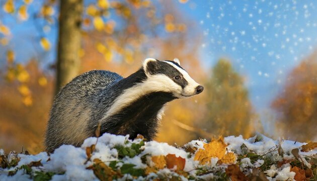 KI generated, animal, animals, mammal, mammals, biotope, habitat, one, individual, foraging, wildlife, european badger (Meles meles), snow, winter, ice, autumn, onset of winter