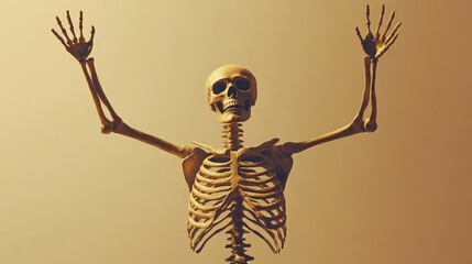 Skeletal Embrace: A detailed anatomical human skeleton model with arms raised in a gesture of joyful surrender against a muted gold backdrop. The image evokes a surreal and thought-provoking mood. 
