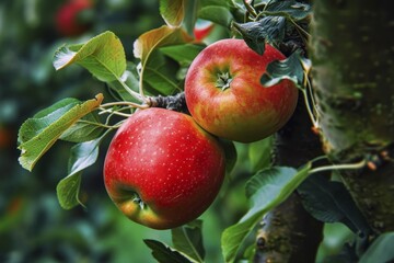 Two ripe, red apples hanging on a tree, surrounded by green leaves, AI generated, AI generated