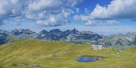 Kleiner Rappensee and Rappenseeh&uuml;tte alpine hut, behind the Schafalpenkopf mountains, Allg&auml;u Alps, Allg&auml;u, Bavaria, Germany, Europe