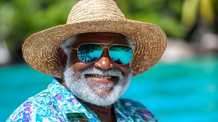 Smiling senior man in straw hat and sunglasses by pool, tropical vacation