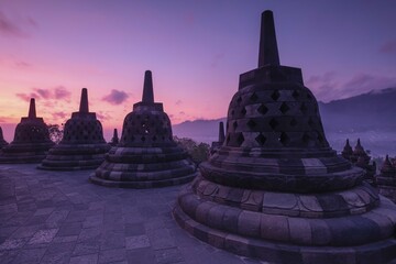 Borobudur temple at sunrise, stupas, Borobudur, Yogyakarta, Java, Indonesia, Asia