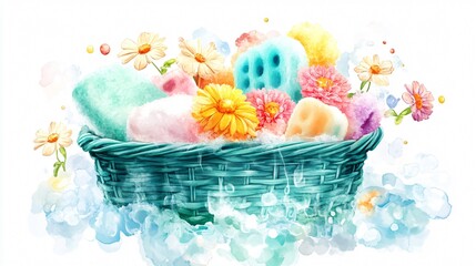 Fototapeta premium Teal Basket Overflowing Watercolor Illustration