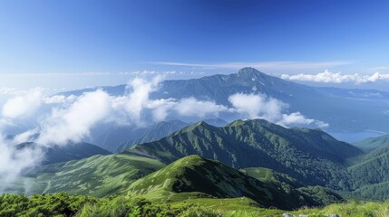 Fototapeta premium Lush green mountains under a clear blue sky with scattered clouds creating a peaceful and serene atmosphere, AI generated