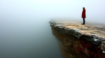 Obraz premium Person standing at the edge of a foggy cliff looking out into the dense mist below
