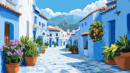 Blue city street, sunny day, mountains, travel poster