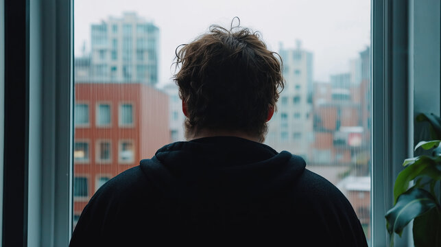 Man looking through window at city buildings. Urban solitude concept
