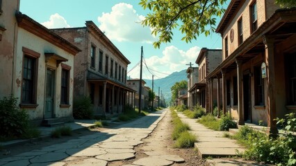 Sun-Dappled Deserted Street in a Historic Western Town with Aged Buildings and Weathered Stone Pavement