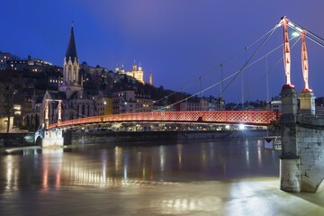 Saint Georges Footbridge, Saint John Cathedral and Basilica of Notre-Dame de Fourvière at night,...