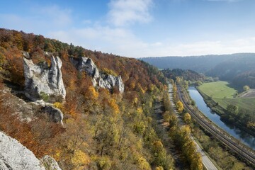 Group of rocks with the ruins of Gebrochen Gutenstein Castle, Danube River on the right, Inzigkofen, Schwäbische Alb, Baden-Württemberg, Germany, Europe