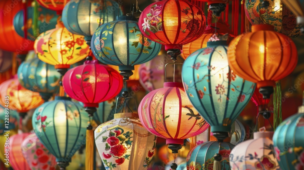 Poster a dynamic display of traditional chinese lanterns in various colors and patterns, creating a festive