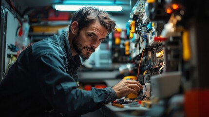 Focused male mechanic working intensely on a complex project in his well-equipped workshop