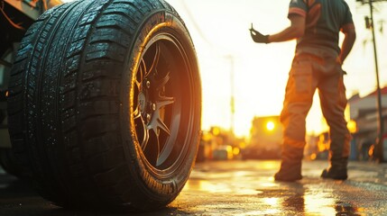 Close-up of a tire with a mechanic in the background at sunset.