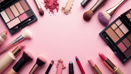 A Flat Lay of Makeup Brushes, Eyeshadow Palettes, and Lipsticks on a Pink Background, Ideal for Beauty Bloggers and Makeup Artists