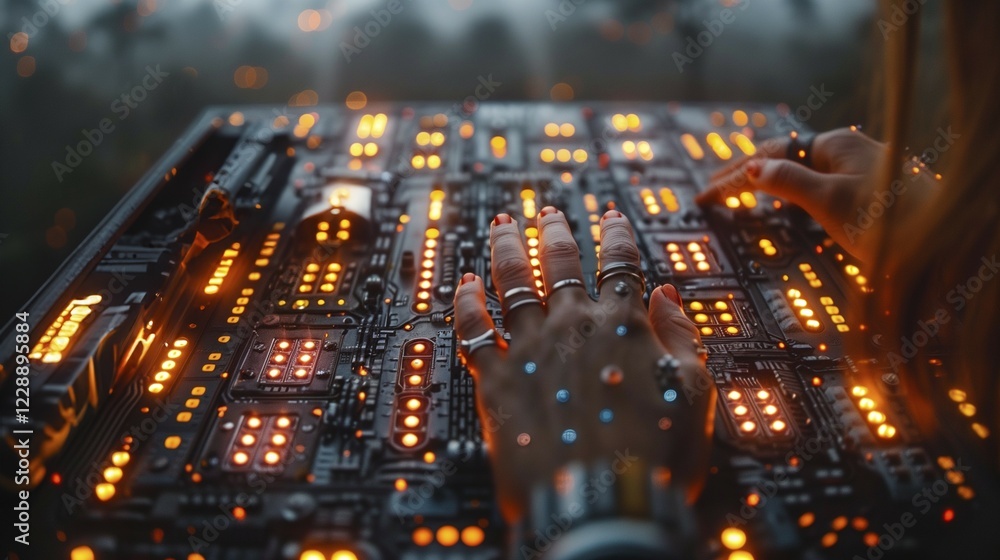 Poster metaphorical representation of the connection between humans and modern cyber technologies. two hand