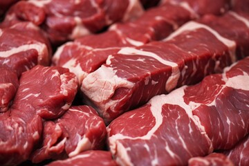 Obraz premium Close up of pieces of raw beef meat at butchery shop. KI generiert, generiert AI generated