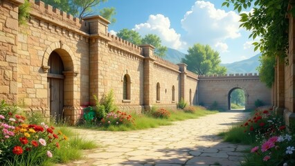 Obraz premium Stone wall pathway with arched entryway and blossoming flowers under a bright summer sky