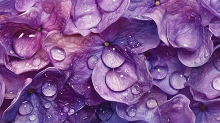 Purple hydrangea petals with dew drops, close-up, nature background, floral design