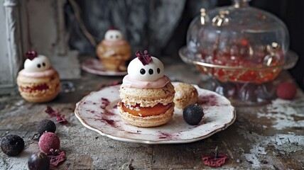 Halloween-themed ghost macarons on a decorative plate, set in a rustic and festive, spooky setting, AI generated