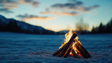 Campfire on snow during sunset with mountains in background. Outdoor and nature themes