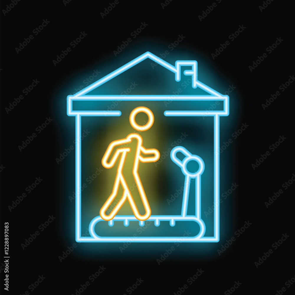 Poster man running on a treadmill inside a house in neon light