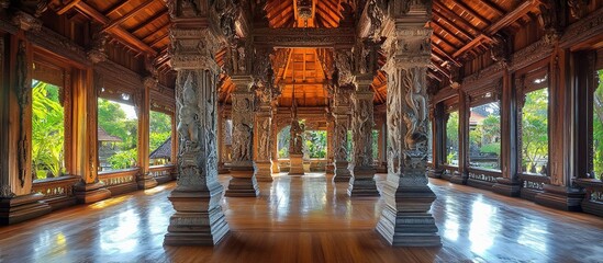 Intricate wooden interior with carved pillars and polished floor.