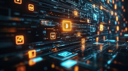 Fototapeta premium Transparent blocks showing blockchain process flow, with digital currency symbols in the network
