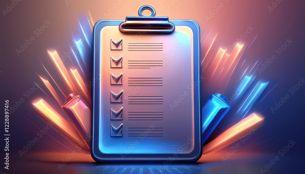 Poster a glowing clipboard with checkmarks, surrounded by colorful beams, symbolizes task completion and or