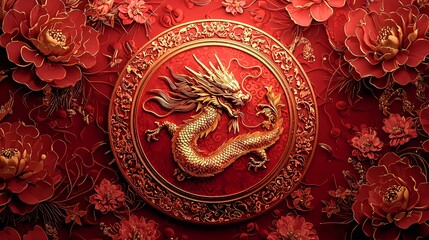 Golden Dragon Circle Ornament Floral Backdrop Decorative Motif Asian Lunar New Year Imagery