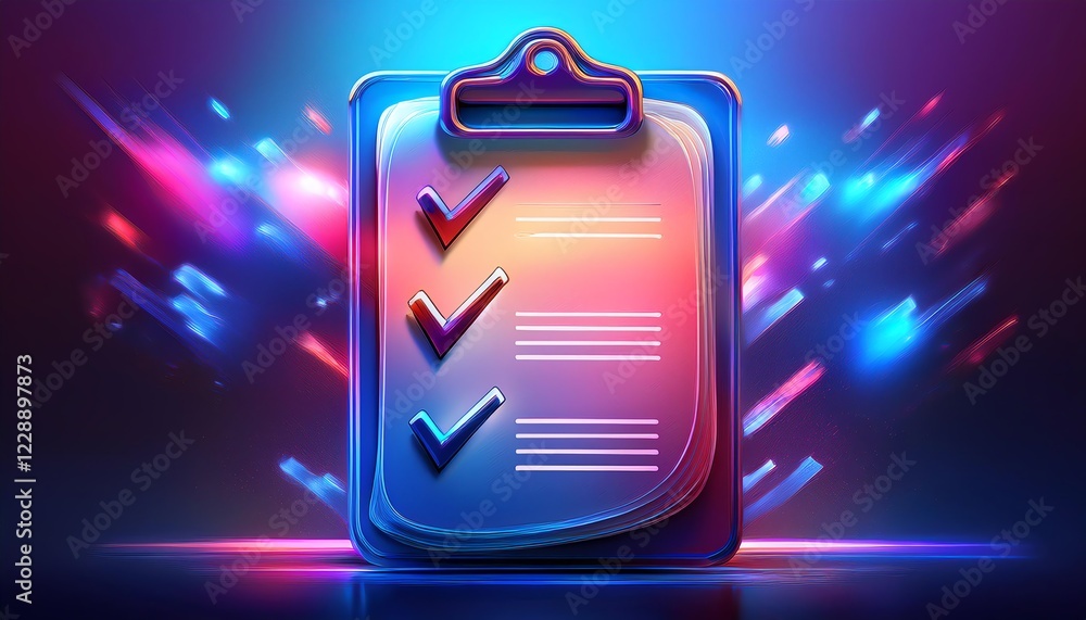 Poster a vibrant digital clipboard with checkmarks and glowing accents, symbolizing task completion and org