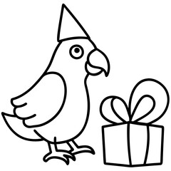 A parrot opening a birthday gift line art vector illustration 