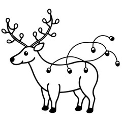 A reindeer tangled in Christmas lights line art vector illustration 