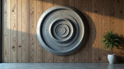 Fototapeta premium Modern Concentric Circular Wall Decor in a Minimalist Interior Setting with Natural Wood Paneling and Potted Plant