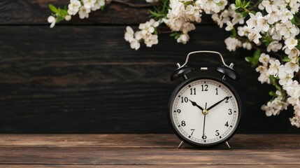 Classic Alarm Clock Surrounded by Blossoming Flowers in Peaceful Daylight Setting
